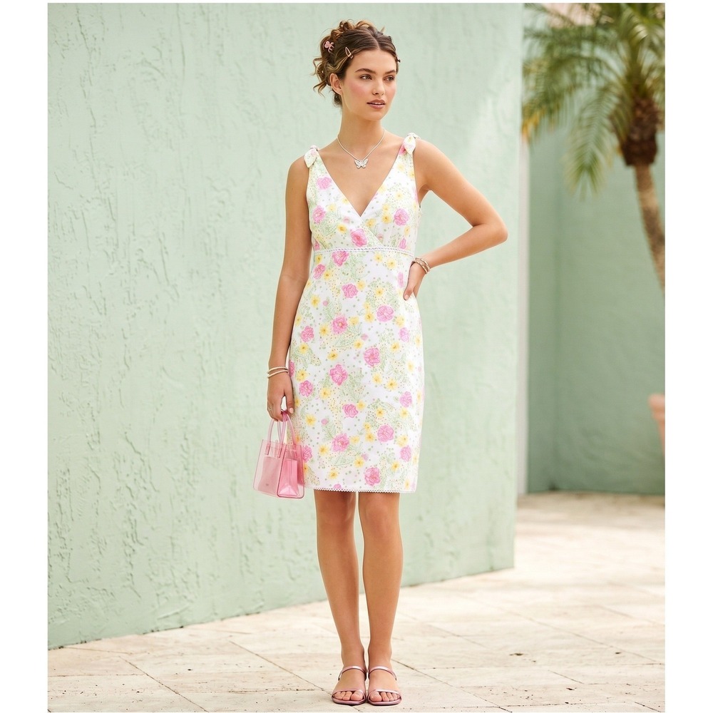 Vintage White Tag Lilly Pulitzer Floral Cotton Swiss Dot Tie Shoulder Dress 10